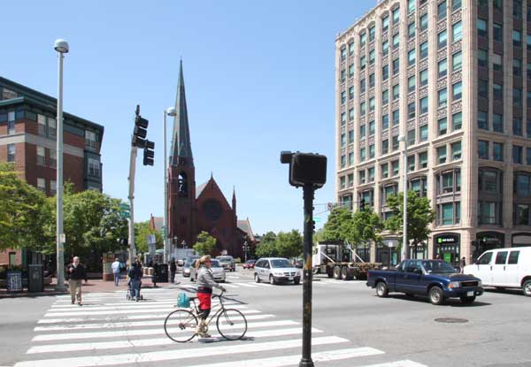 Central Square at the junction of Massachusetts Avenue, Magazine Street, River Street, and Western Avenue, looking south, 2010.